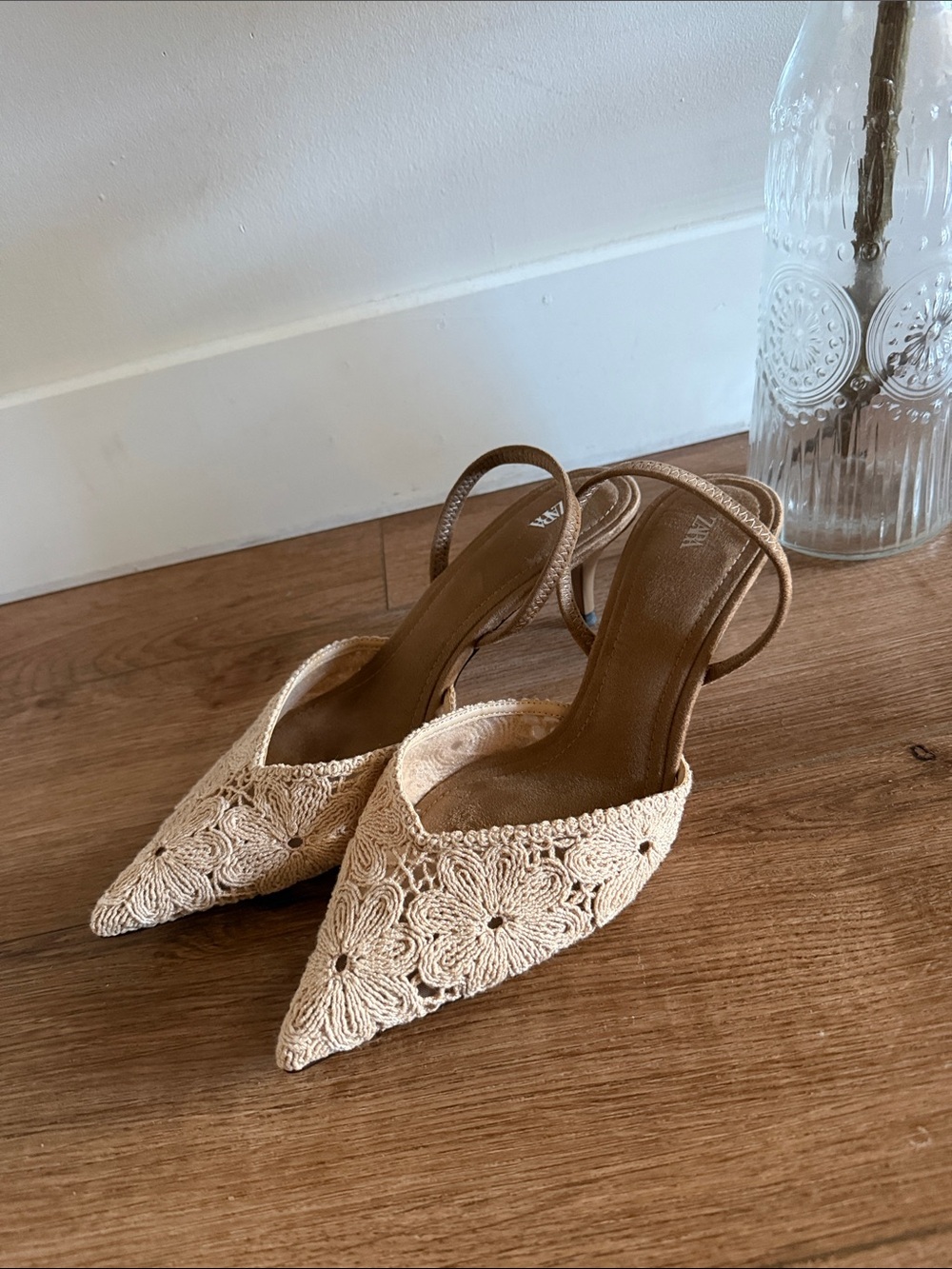 Zara Beige Crochet Pointed Slingback Heels